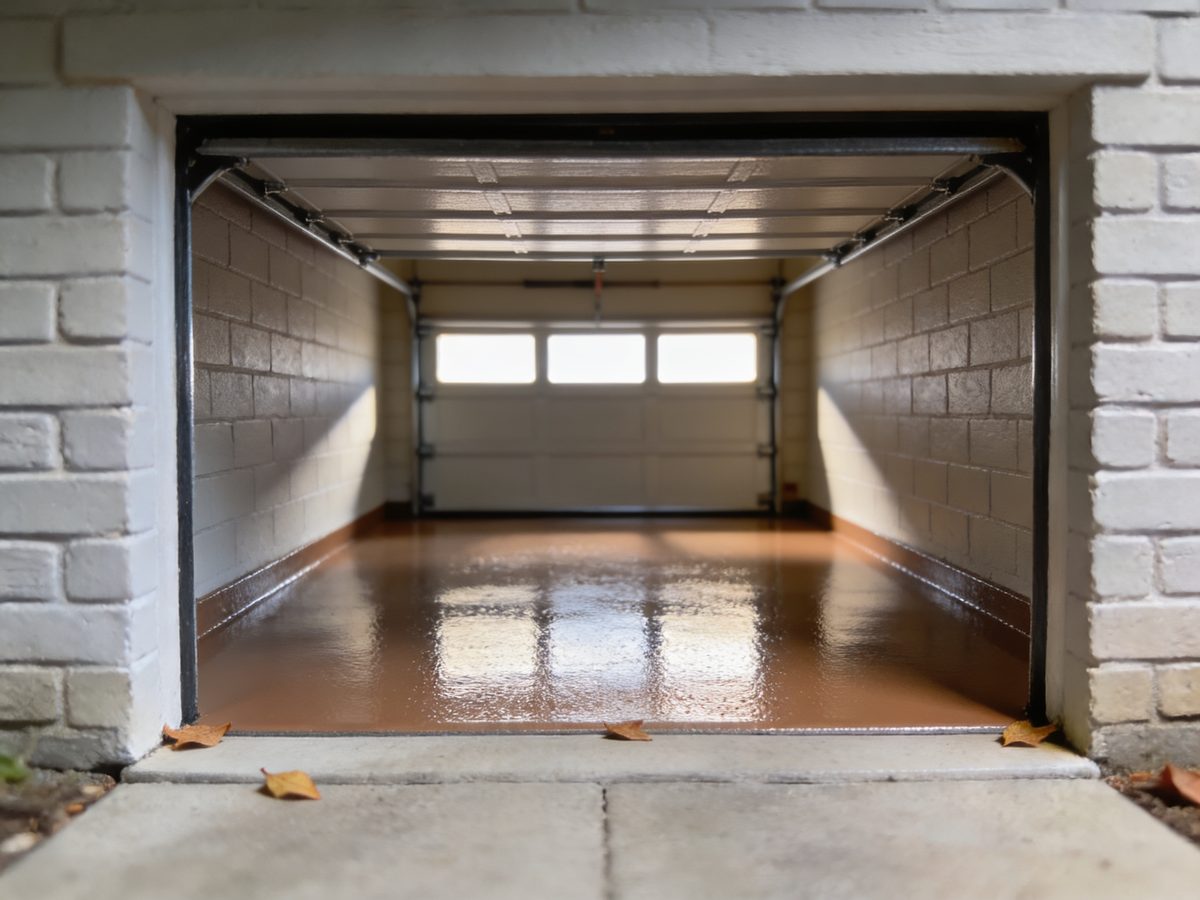 A single-bay attached garage with a warm pewter full-flake floor coating reflecting the open overhead door