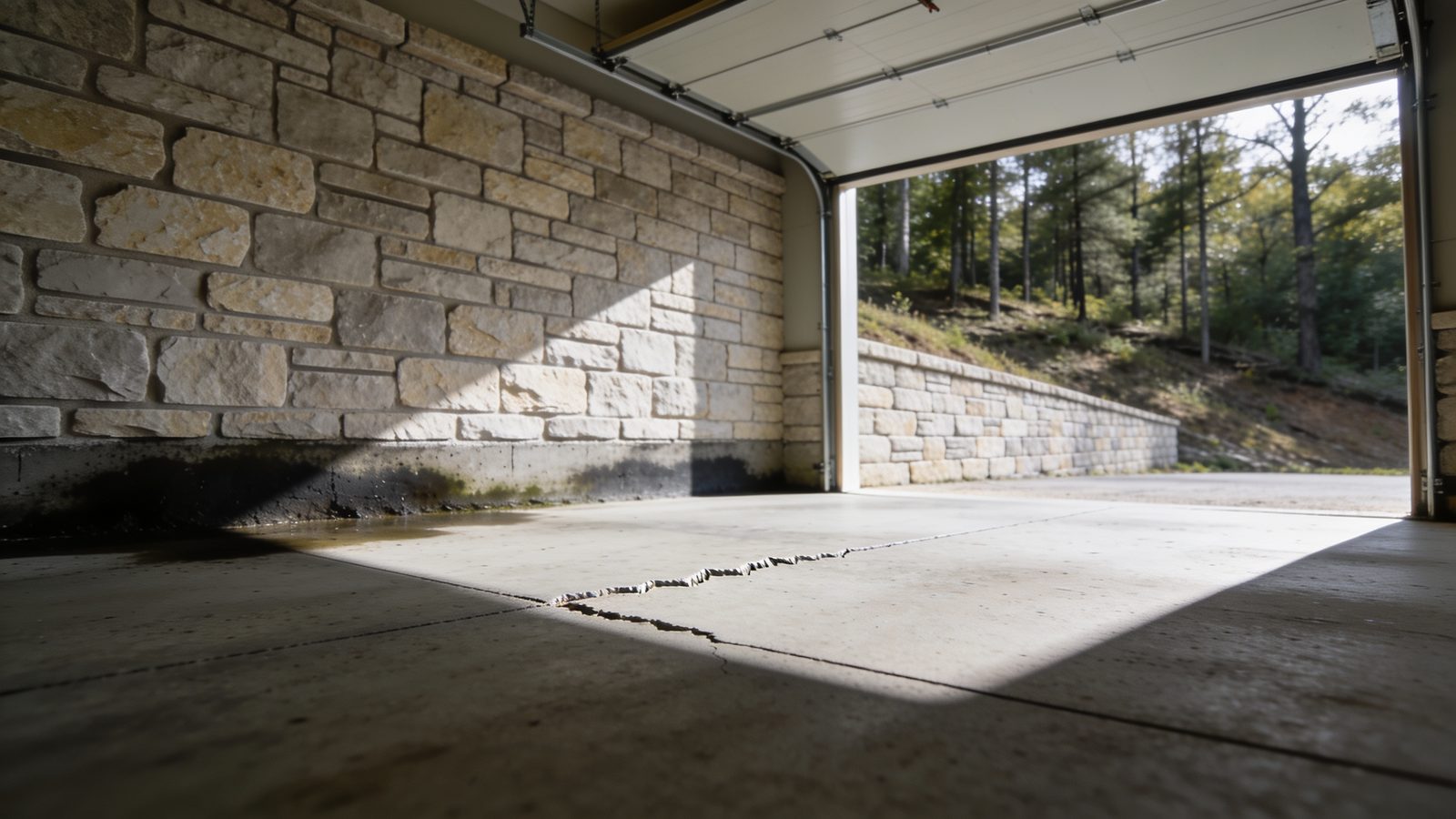 A bare garage slab with a cut-limestone block foundation wall behind it, pale limestone aggregate in the concrete, a saw-cut control joint and a damp shadow at the base of the wall