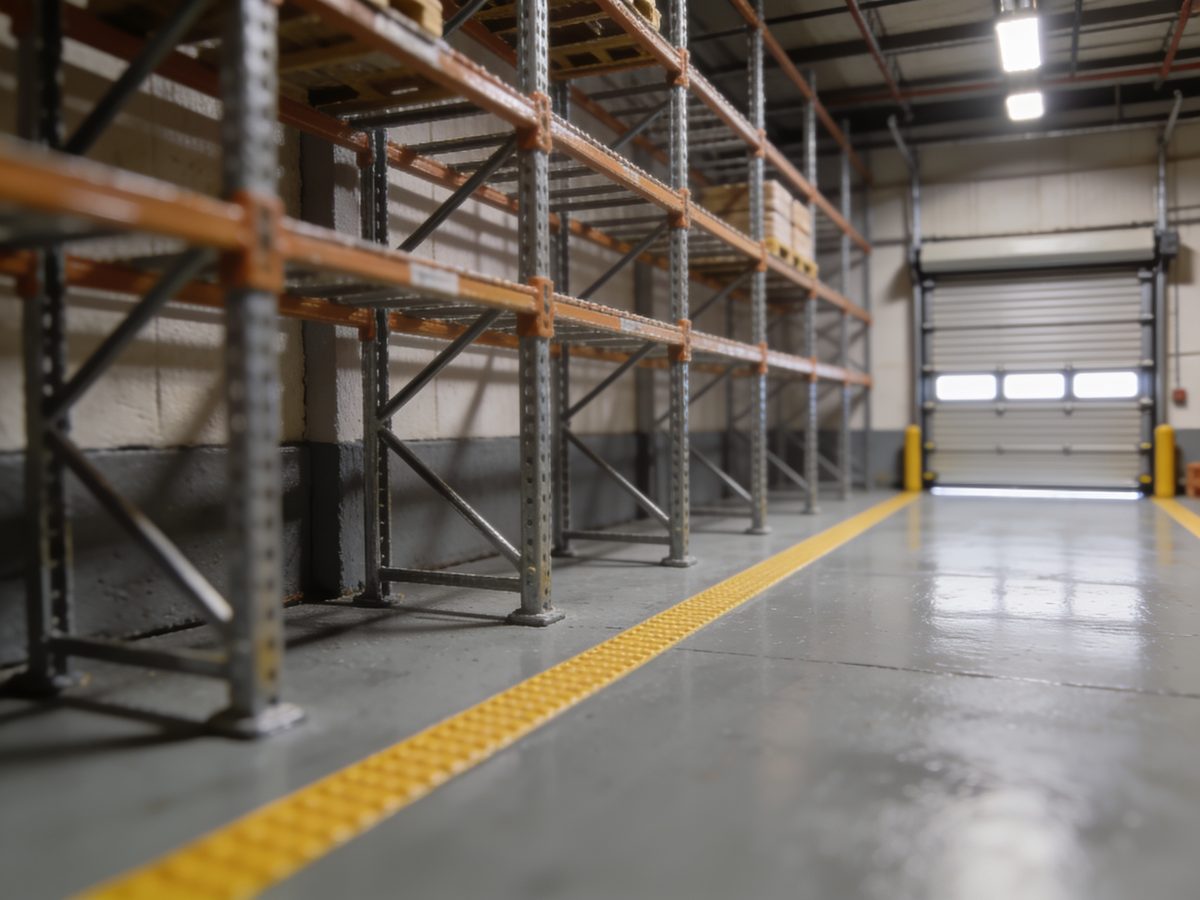 A warehouse bay with a high-build epoxy floor, steel racking and yellow safety lane striping