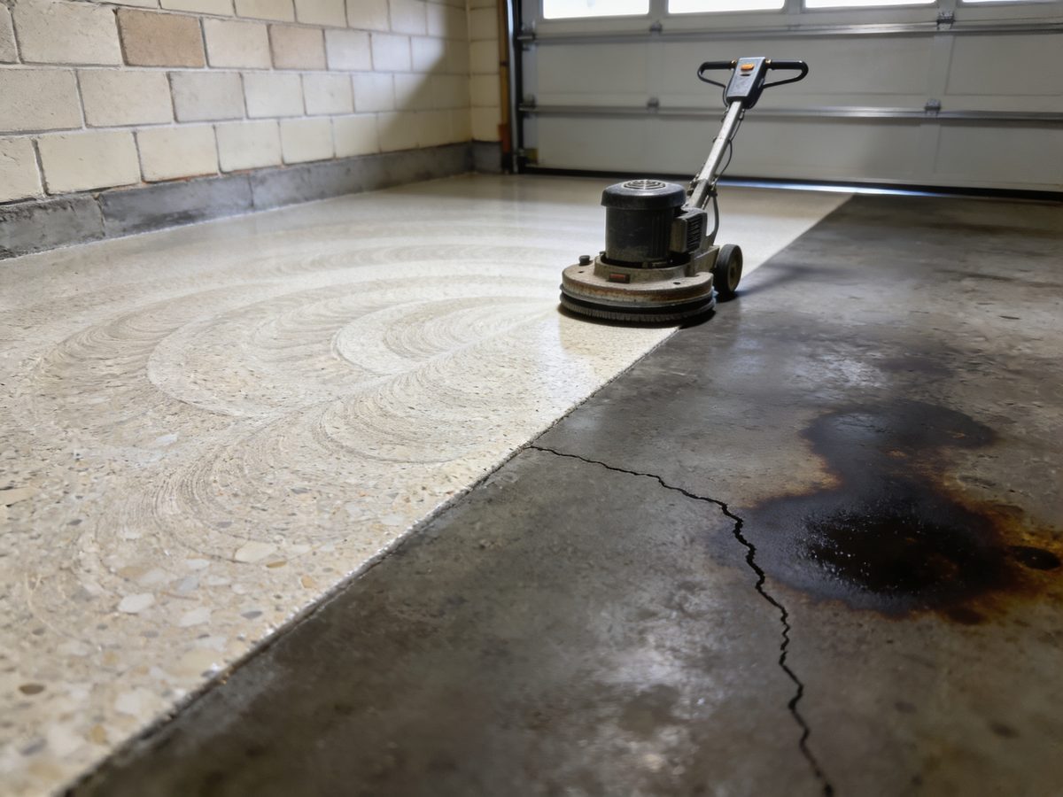 A slab part way through diamond grinding, freshly ground concrete showing pale limestone aggregate beside old stained concrete with a hairline crack